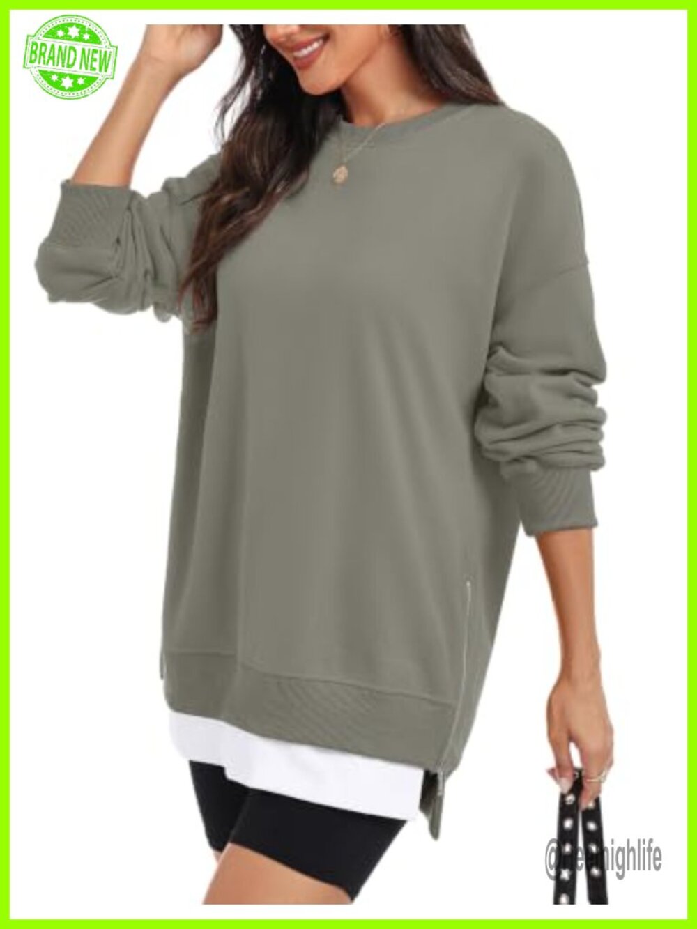 Oversized Fleece Crewneck Sweatshirt Tunic Pullover Side Zip Women's